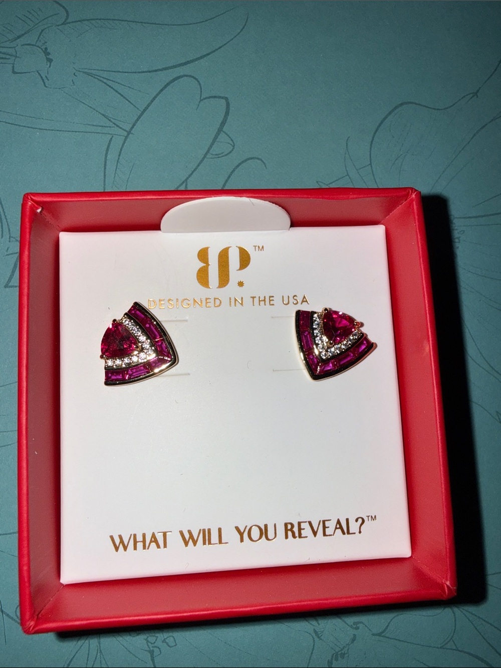 Bright Pink Crystal Fan Triangle Stud Earrings